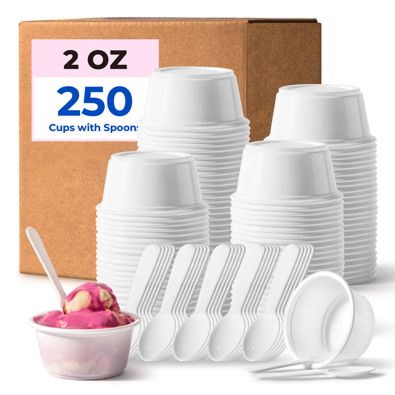 2 oz White Disposable Plastic Cups and 3 Inch Mini Tasting Spoons