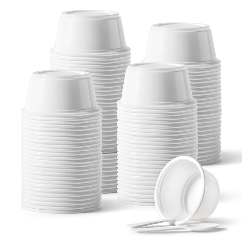 2 oz White Disposable Plastic Cups and 3 Inch Mini Tasting Spoons