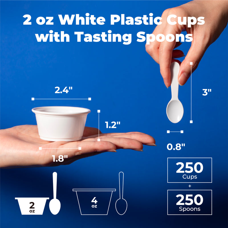 2 oz White Disposable Plastic Cups and 3 Inch Mini Tasting Spoons