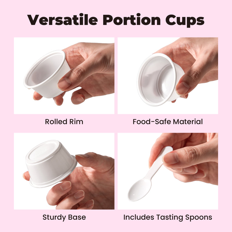 2 oz White Disposable Plastic Cups and 3 Inch Mini Tasting Spoons