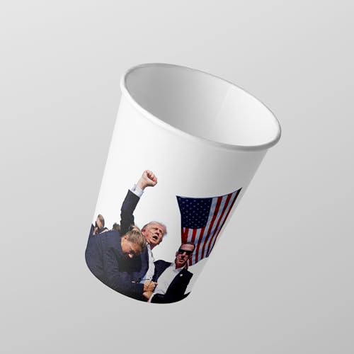 President Donald Trump 2024 Survived Shot At Election Rally US Flag, 12 oz Disposable Trump Coffee Cups, 100 Pack Premium Paper Coffee Cups for Hot/Cold Beverage, Made in USA Trump Merchandise