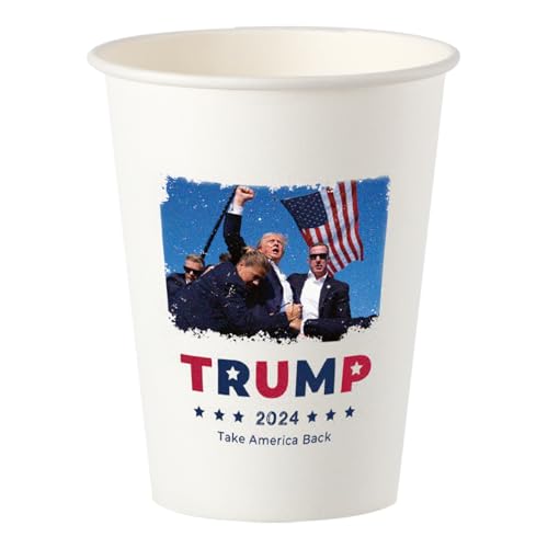 President Donald Trump 2024 Survived Shot At Election Rally US Flag, 12 oz Disposable Trump Coffee Cups, 100 Pack Premium Paper Coffee Cups for Hot/Cold Beverage, Made in USA Trump Merchandise