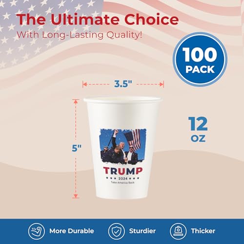 President Donald Trump 2024 Survived Shot At Election Rally US Flag, 12 oz Disposable Trump Coffee Cups, 100 Pack Premium Paper Coffee Cups for Hot/Cold Beverage, Made in USA Trump Merchandise