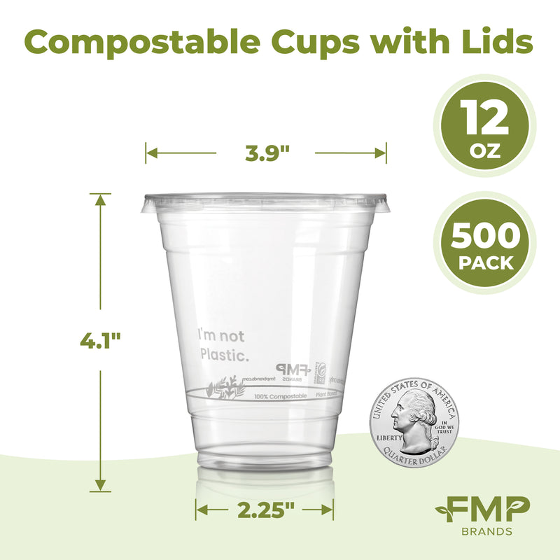 12oz Plant Based Biodegradable Clear Cups with Flat Lids