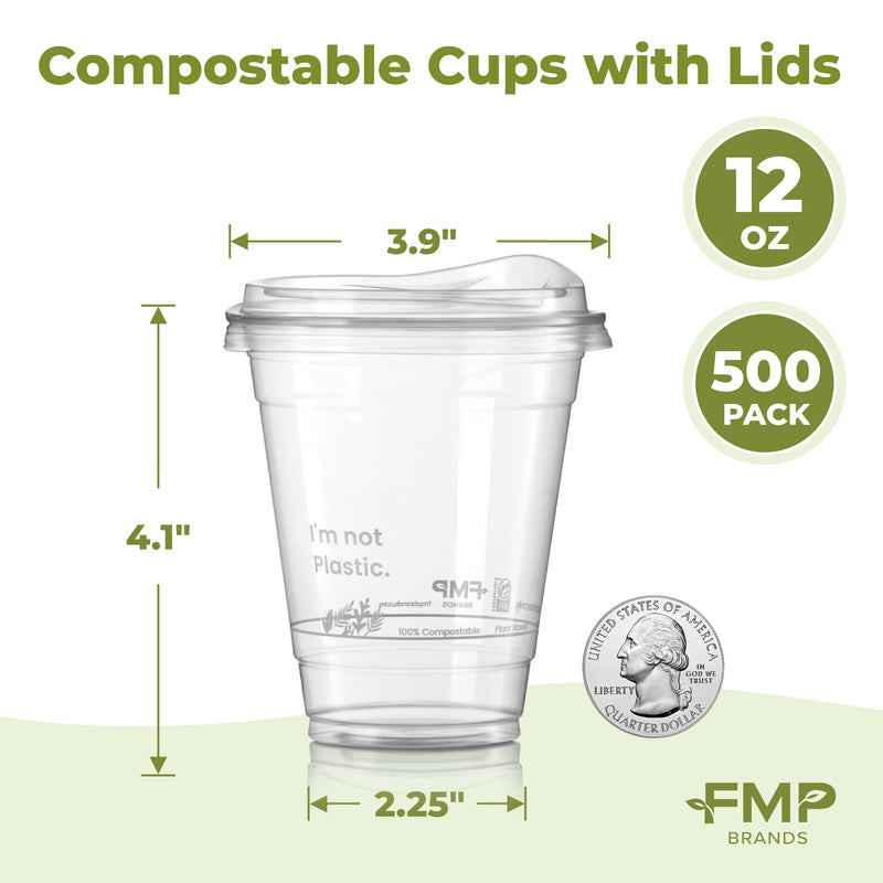 12oz Plant Based Biodegradable Clear Cups with Sip Lids