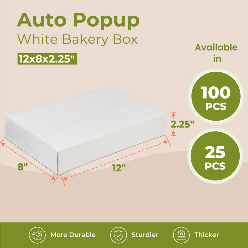 White Bakery Box - Holds 6 Donuts, Auto-Popup 12'' x 8'' x 2.25”