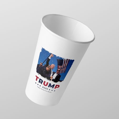 President Donald Trump 2024 Survived Shot At Election Rally US Flag, 16 oz Disposable Trump Coffee Cups, 100 Pack Premium Paper Coffee Cups for Hot/Cold Beverage, Made in USA Trump Merchandise