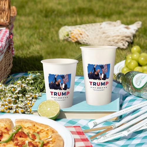 President Donald Trump 2024 Survived Shot At Election Rally US Flag, 16 oz Disposable Trump Coffee Cups, 100 Pack Premium Paper Coffee Cups for Hot/Cold Beverage, Made in USA Trump Merchandise