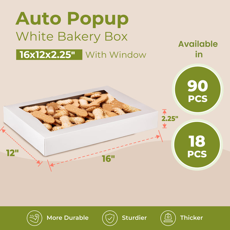 White Bakery Box with Window 16x12x2.25”  - Holds 12 Donuts , Auto-Popup