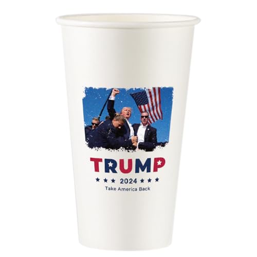 President Donald Trump 2024 Survived Shot At Election Rally US Flag, 16 oz Disposable Trump Coffee Cups, 100 Pack Premium Paper Coffee Cups for Hot/Cold Beverage, Made in USA Trump Merchandise