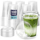 Fit Meal Prep 16 oz Clear Plastic Cups with Strawless Sip Lids, Disposable Cups for Iced Coffee, Smoothies, Cold Drinks and Parties, 100 pack