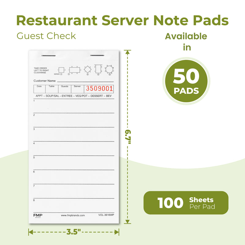 Server Pads - Restaurant Order Pad, White 1 Part Guest Check Pad Style