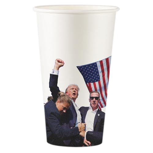 President Donald Trump 2024 Survived Shot At Election Rally US Flag, 16 oz Disposable Trump Coffee Cups, 100 Pack Premium Paper Coffee Cups for Hot/Cold Beverage, Made in USA Trump Merchandise