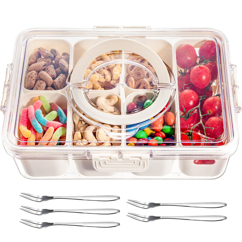 Divided Serving Tray with Lid and Handle, Snack Box Container for Kids, Portable Travel Snack Container with 7 Removable Dishwasher-Safe Compartments & 5 Forks for Candy, Fruit, Nuts