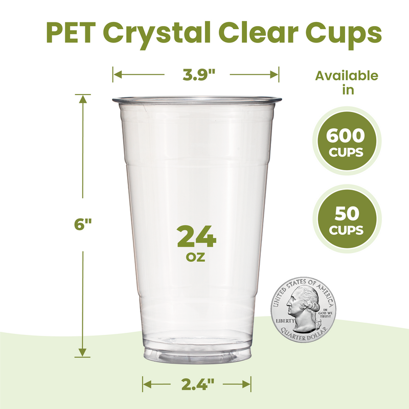 24oz Clear Plastic Cups for Cold Drinks no lids, PET BPA Free