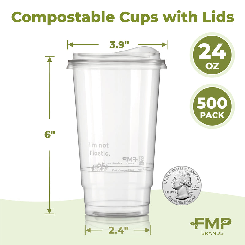 24oz Plant Based Biodegradable Clear Cups with Sip Lids