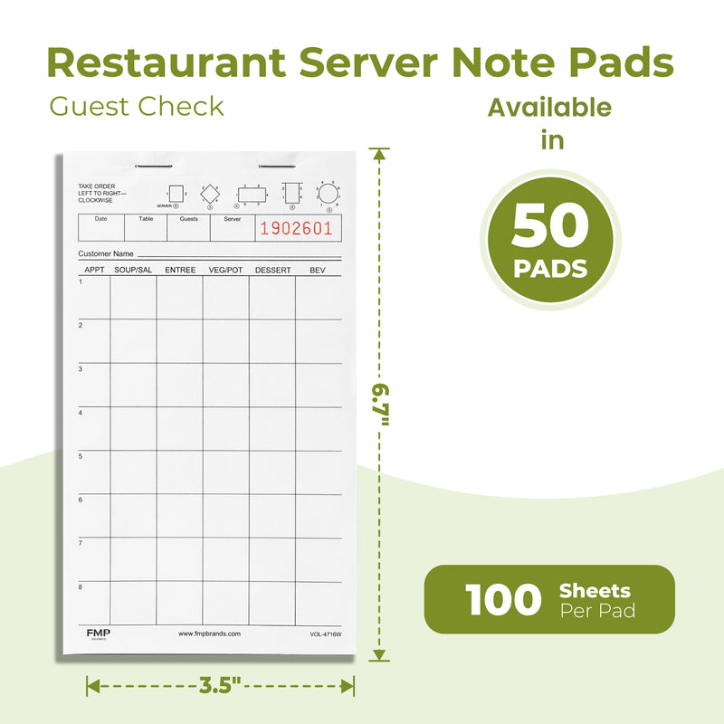 Server Pads - Restaurant Order Pad, White 1 Part Guest Check Pad Style