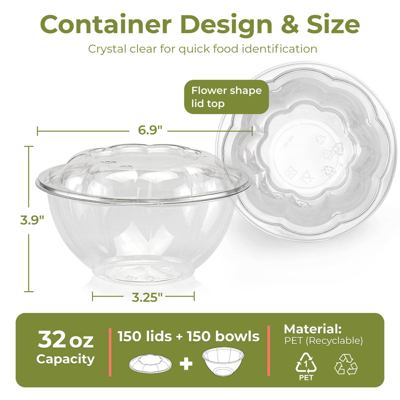 32oz BPA Free Clear Plastic Bowl Container With Dome Lids / 150pcs
