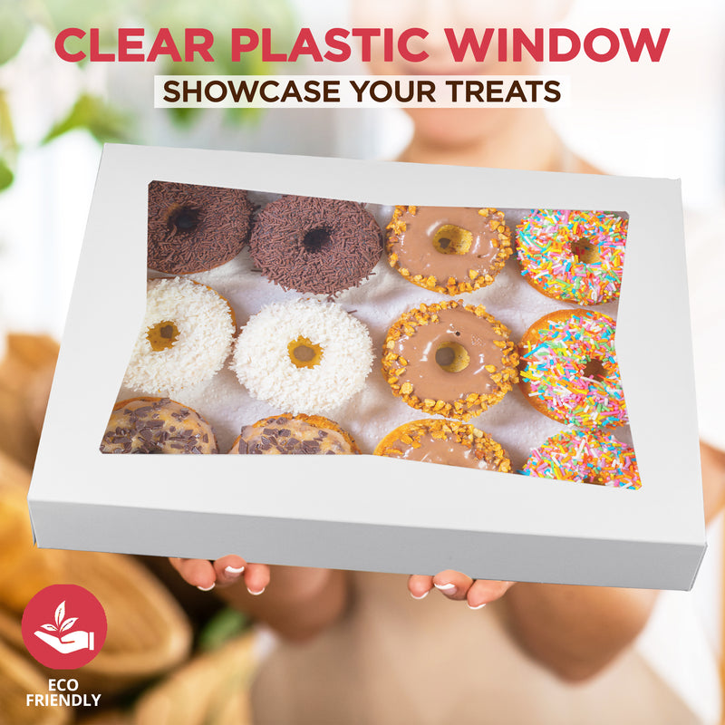 White Bakery Box with Window 16x12x2.25”  - Holds 12 Donuts , Auto-Popup
