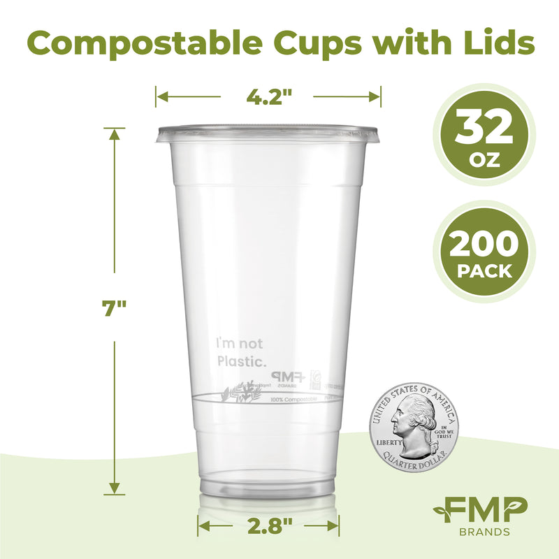 32oz Plant Based Biodegradable Clear Cups with Flat Lids - Inbulks