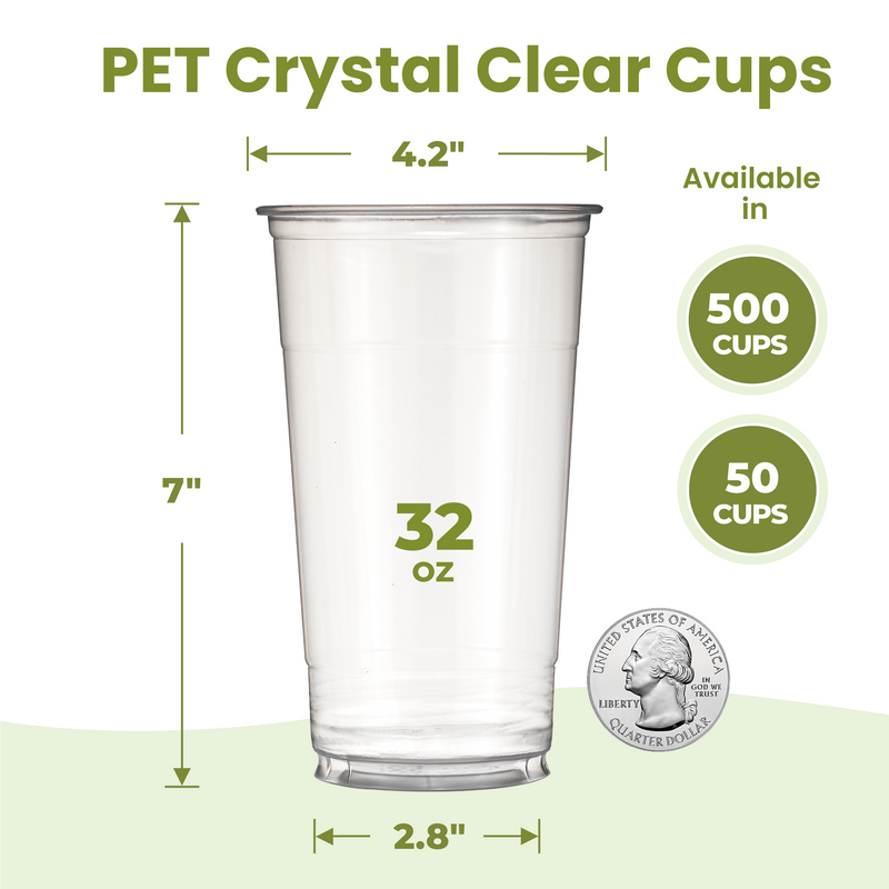 32oz Clear Plastic Cups for Cold Drinks no lids, PET BPA Free