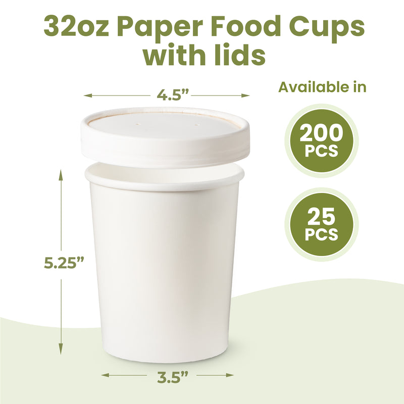 32oz White Compostable Paper Food Cup with Vented Lid