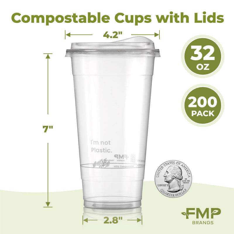 32oz Plant Based Biodegradable Clear Cups with Sip Lids