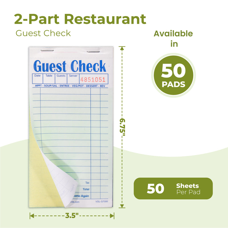 Guest Check Pads for Restaurant Server (2 Part)