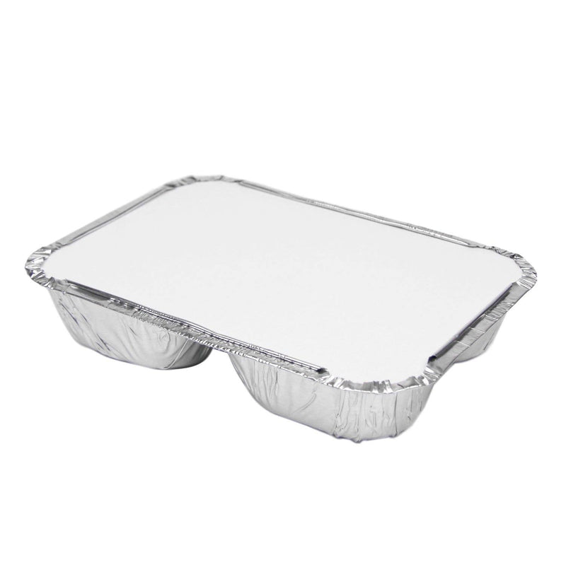 3 Compartment Rectangular Disposable Aluminum Foil Pan with Flat Board Lids - Inbulks