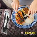 Black Plastic Cutlery Set with Disposable Spoon, Fork, Knife, Napkin, Salt and Pepper Packets - Inbulks