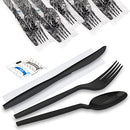 Black Plastic Cutlery Set with Disposable Spoon, Fork, Knife, Napkin, Salt and Pepper Packets - Inbulks