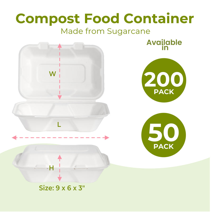 9x6x3" Clamshell Food Containers with 1 Compartment