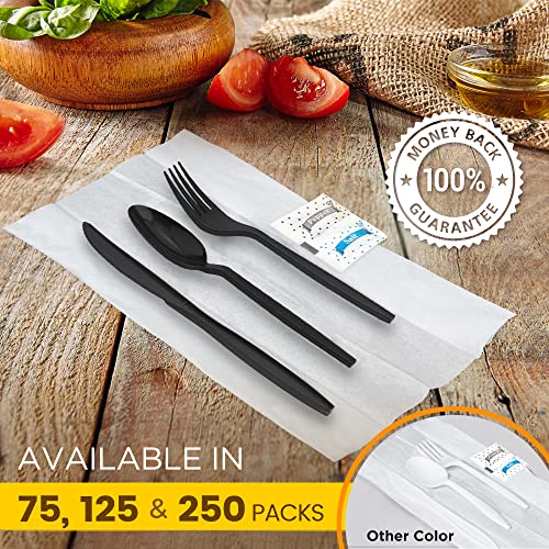 Black Plastic Cutlery Set with Disposable Spoon, Fork, Knife, Napkin, Salt and Pepper Packets - Inbulks
