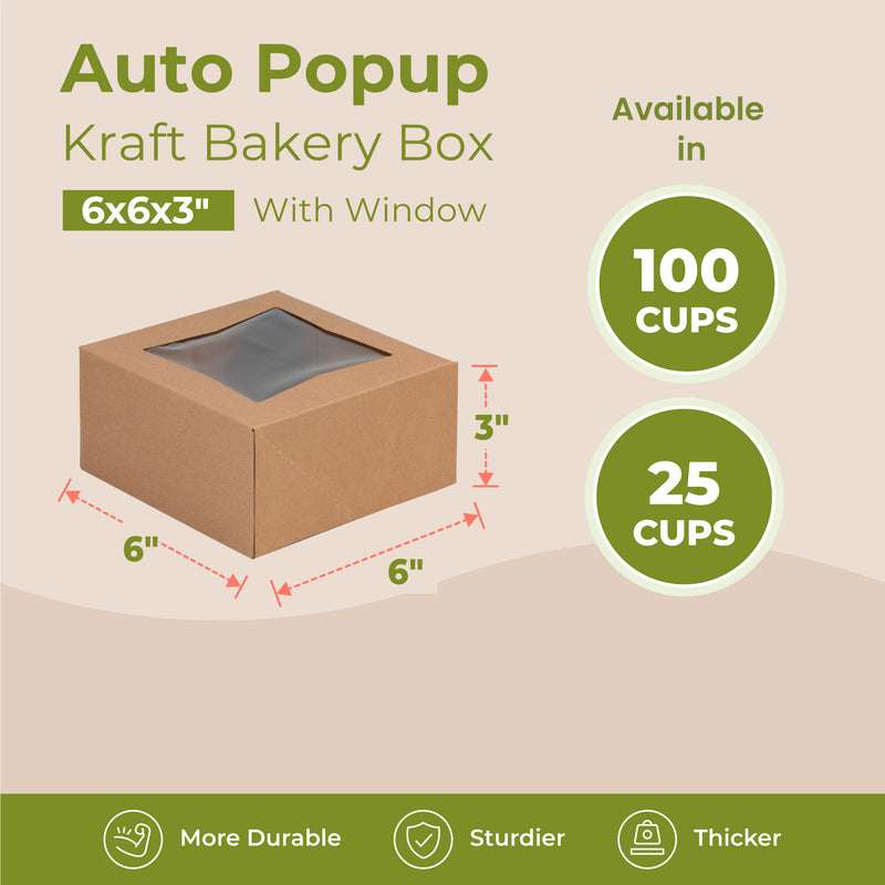 6x6x3 Bakery Box with Window - Square with Auto Pop-up Clear Window