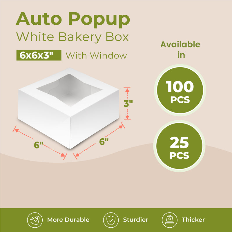 Bakery / Cake Box with Window 6x6x3", Auto-Popup