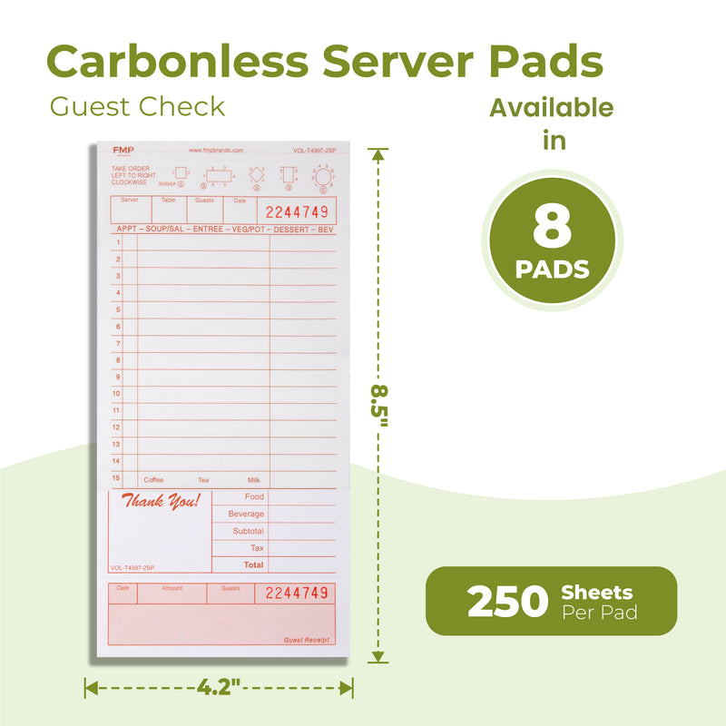2 Part Carbonless Pads for Restaurant Server -Tan & White