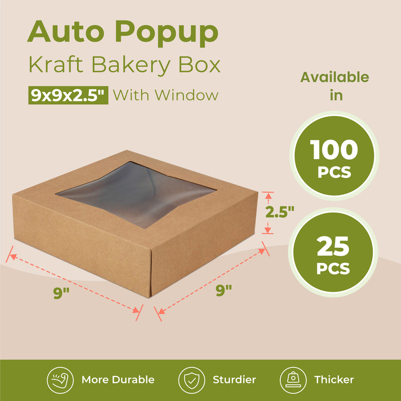 Bakery Box with Window, Auto Pop-up Clear Window 9'' x 9'' x 2.5''