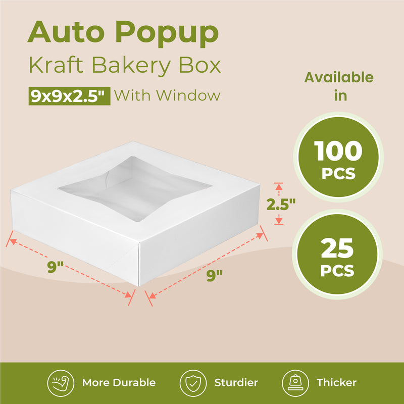 Bakery Box with Window, Auto Pop-up Clear Window 9'' x 9'' x 2.5''