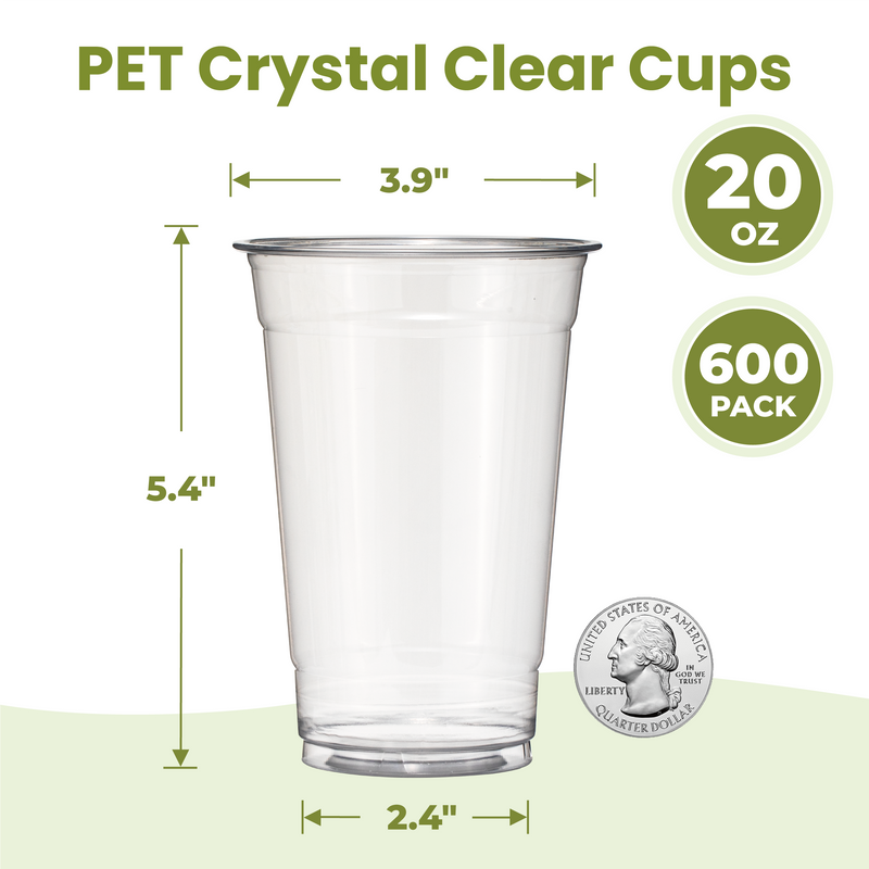 20oz Clear Plastic Cups for Cold Drinks no lids, PET BPA Free