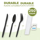 Black Plastic Cutlery Set with Disposable Spoon, Fork, Knife, Napkin, Salt and Pepper Packets - Inbulks