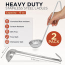 [2 Pack] 6 Oz Stainless Steel Soup Ladle - One-Piece Sauce Spatula with Hook Handles, Commercial Grade Serving Spoon, Kitchen Tool for Restaurant or Home Cooking, Mirror Finish, 14.25" Long