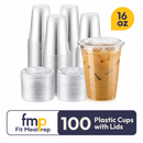 Fit Meal Prep 100 Pack 16 oz Clear Plastic Cups with Flat Lids, Disposable Iced Coffee Cups, BPA-Free Premium Crystal Cups for Smoothies, Lemonade, Juice, Milkshakes and Cold Drinks
