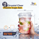 Fit Meal Prep 16 oz Clear Plastic Cups with Strawless Sip Lids, Disposable Cups for Iced Coffee, Smoothies, Cold Drinks and Parties, 100 pack