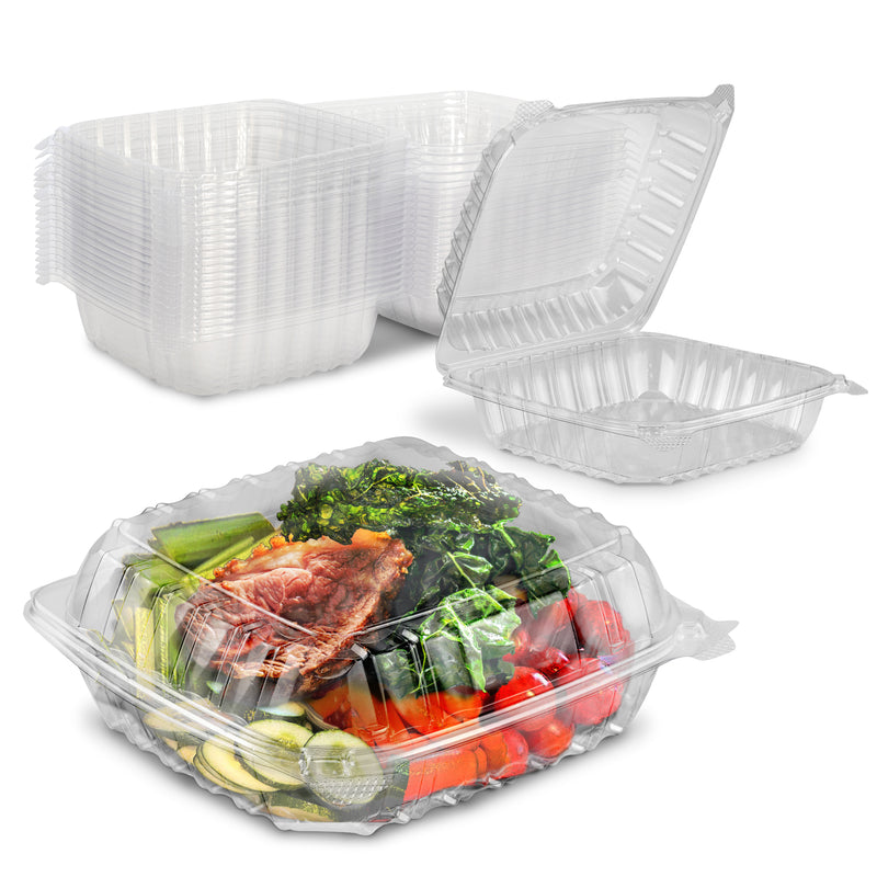 Clear Hinged Plastic Containers - 8x8x3” Single Compartment Clamshell Take Out Containers - Inbulks