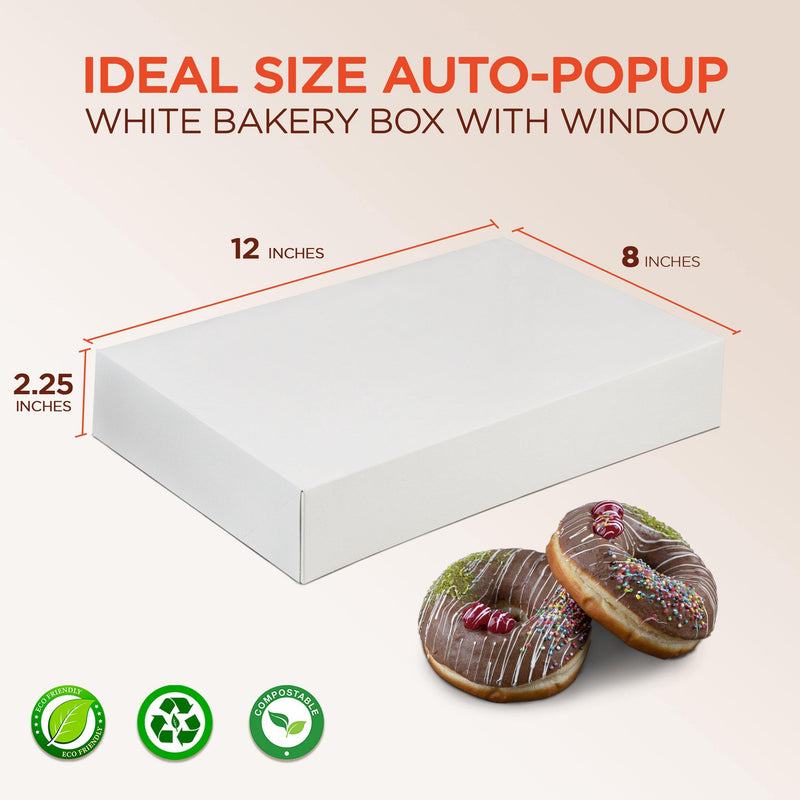 12x8x2.25” White Bakery Box - 6 Holds, Auto-Popup