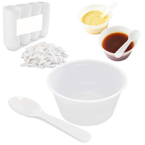 2 oz White Disposable Plastic Cups and 3 Inch Mini Tasting Spoons - Inbulks