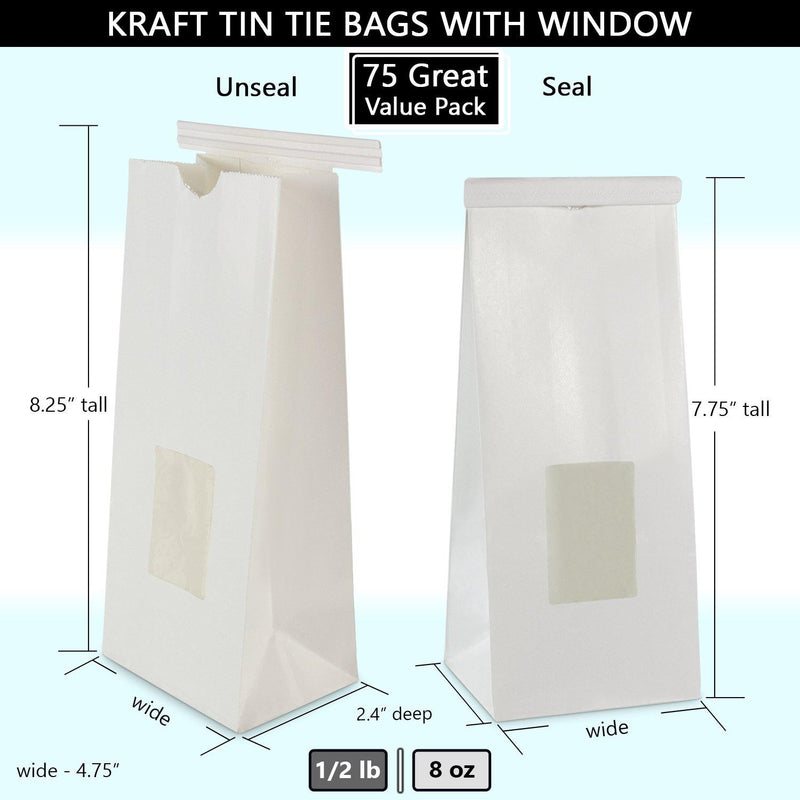Bakery Bags with Window - 1/2 lb (8 oz) Kraft Paper Bag Tin Tie Lock Closure - Inbulks
