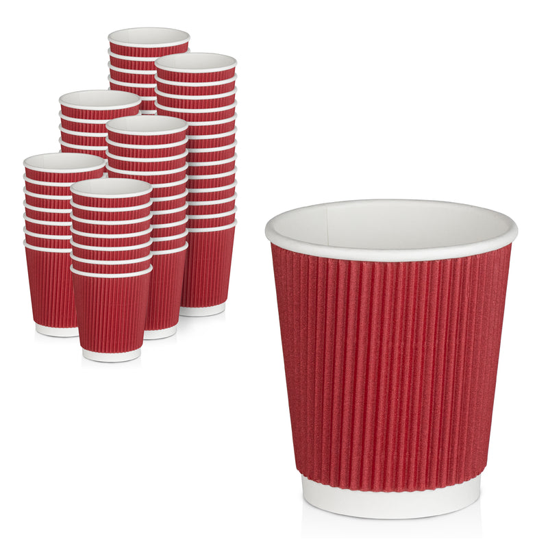 Restpresso 12 Ounce Insulated Coffee Cups with Lids, 200 Ripple Wall Hot Cups with Lids - Leakproof, Non-Slip, Red Paper Coffee Cups with Lids, Dispos