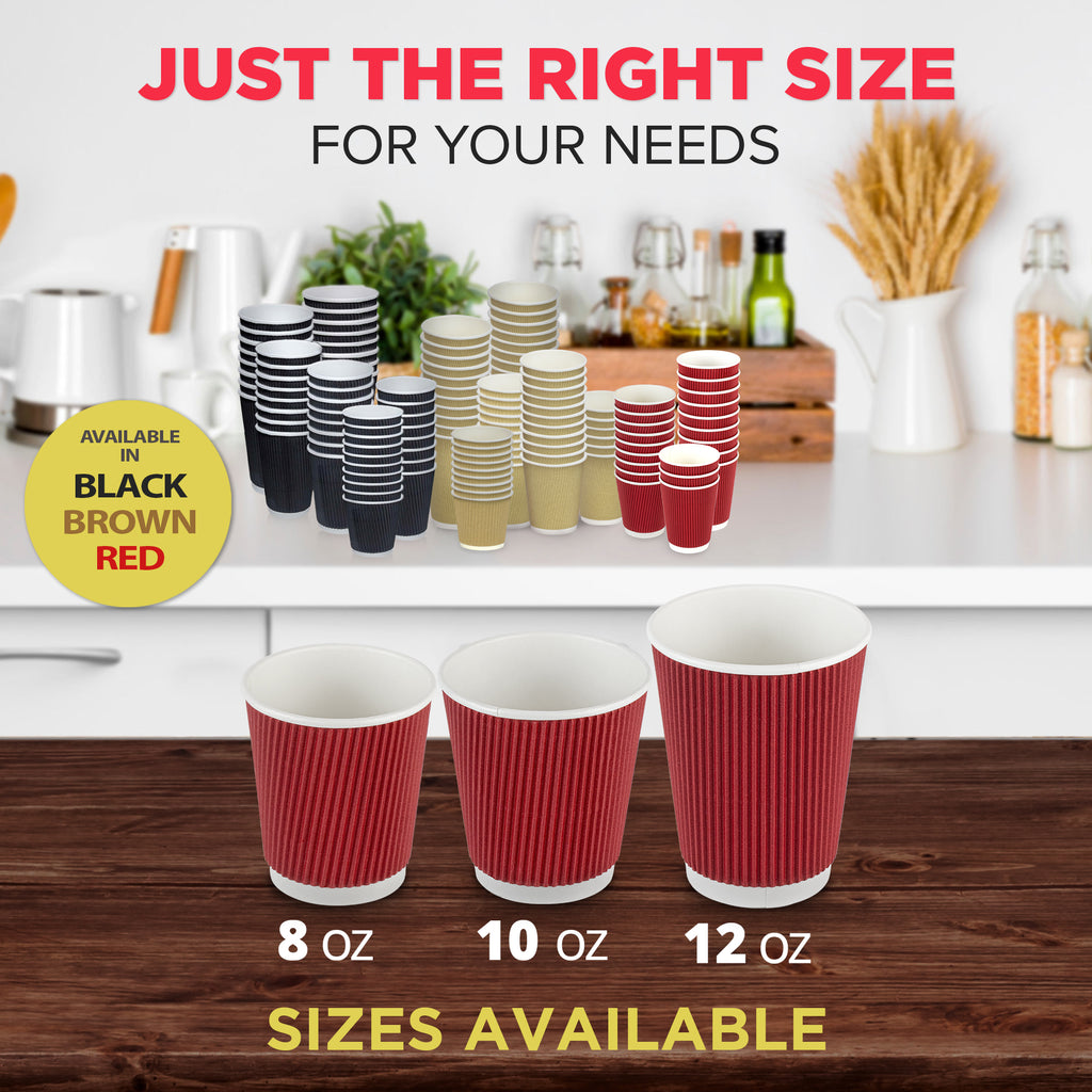 Restaurantware 12 Ounce Paper Coffee Cups, 25 Ripple Disposable Paper Cups - Leakproof, Recyclable, Red Paper Hot Cups, Insulated, Matching Lids