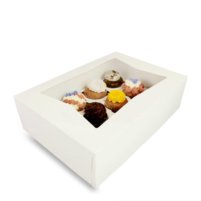 White Cupcake Box with Window and Inserts - Holds 12 Muffins, Auto-Popup [18 Boxes and 18 Trays Pack] - Inbulks